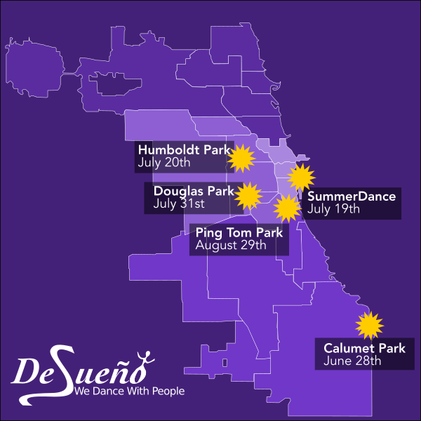 Map displaying event locations and dates for desueño dance